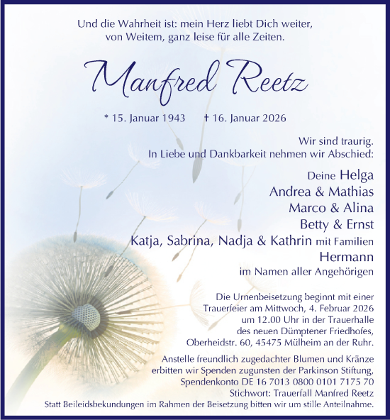 Traueranzeige von Manfred Reetz von Tageszeitung