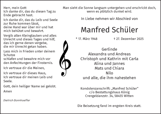 Traueranzeige von Manfred Schüler von Tageszeitung