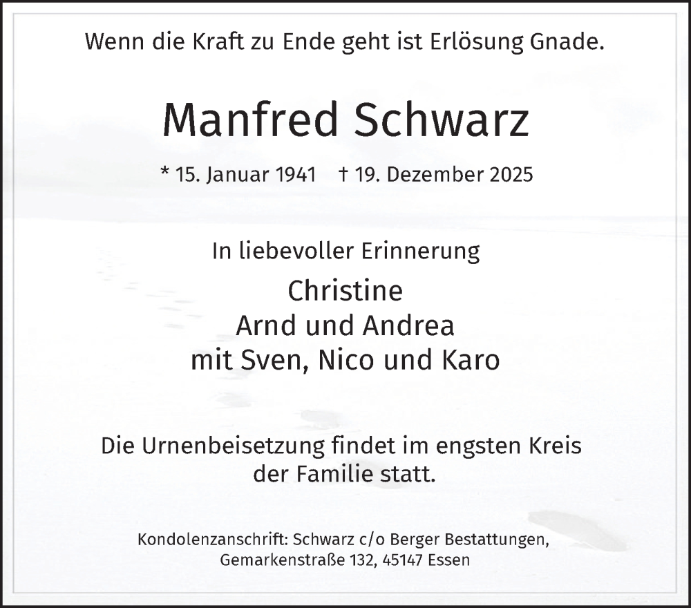  Traueranzeige für Manfred Schwarz vom 10.01.2026 aus Tageszeitung
