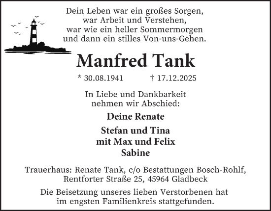 Traueranzeige von Manfred Tank von Tageszeitung