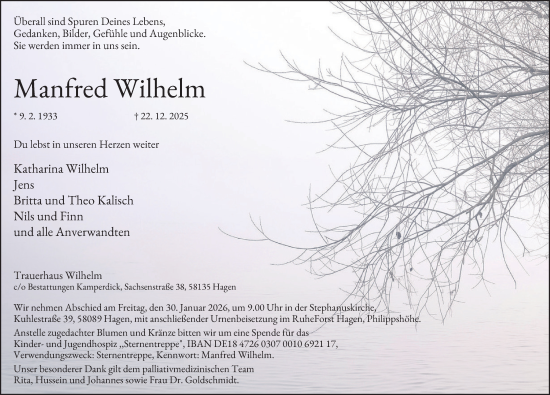 Traueranzeige von Manfred Wilhelm von Tageszeitung