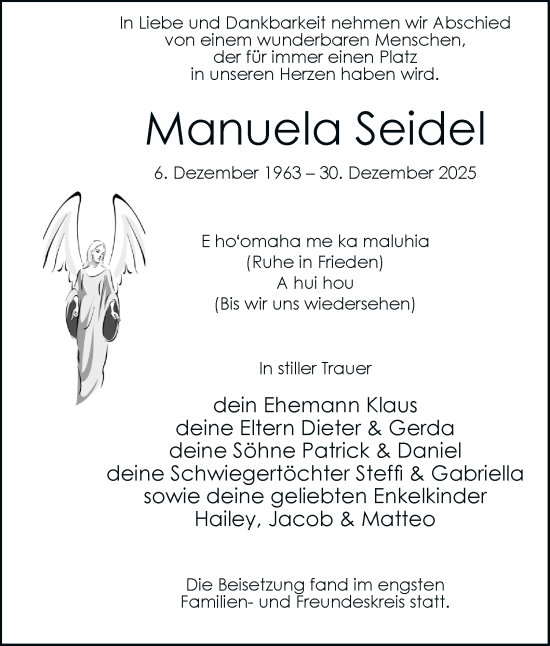 Traueranzeige von Manuela Seidel von Tageszeitung