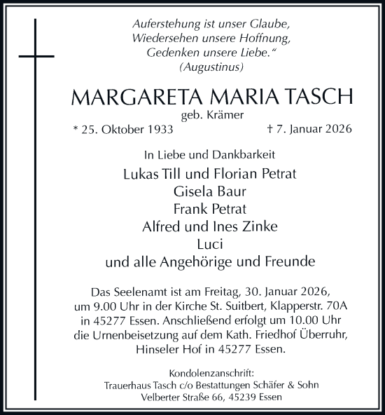 Traueranzeige von Margareta Maria Tasch von Tageszeitung