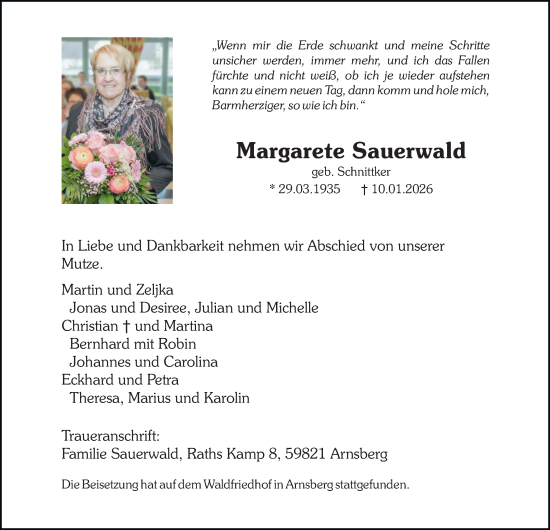 Traueranzeige von Margarete Sauerwald von Tageszeitung