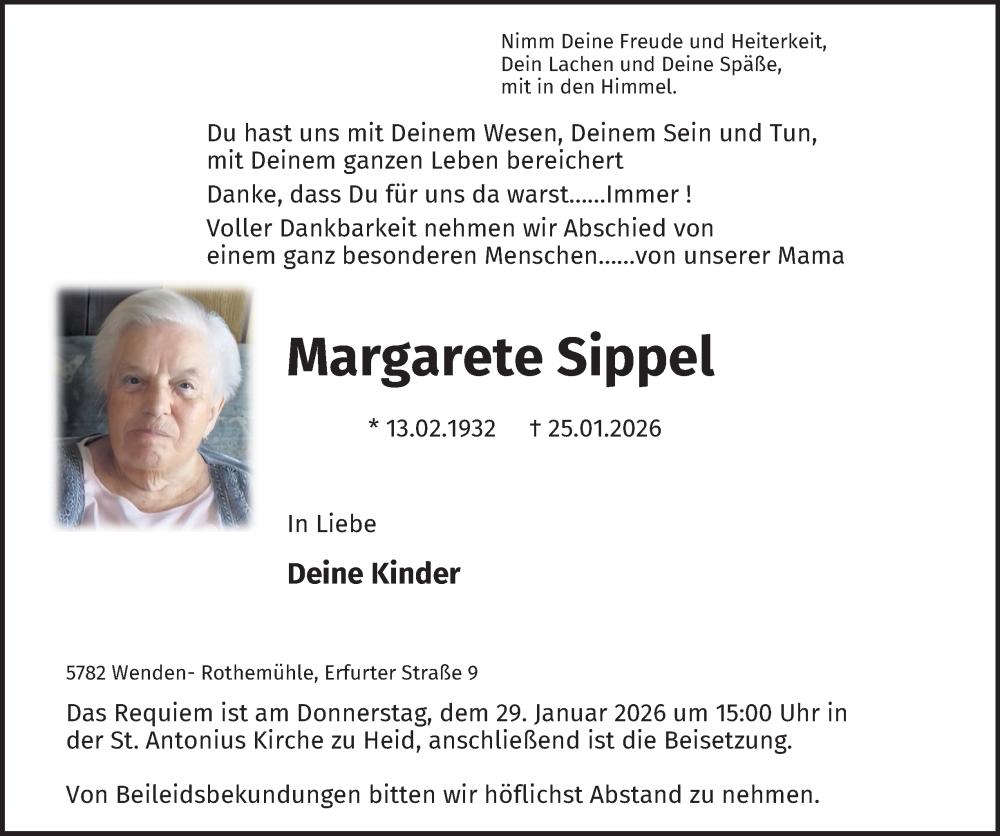  Traueranzeige für Margarete Sippel vom 28.01.2026 aus Tageszeitung