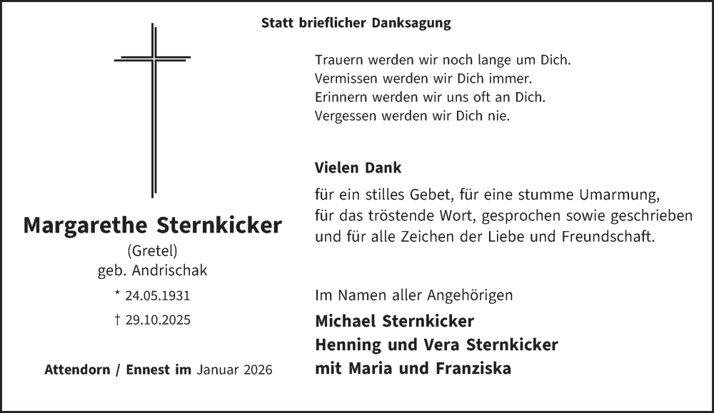  Traueranzeige für Margarethe Sternkicker vom 03.01.2026 aus Tageszeitung