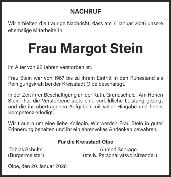 Traueranzeige von Margot Stein von Tageszeitung