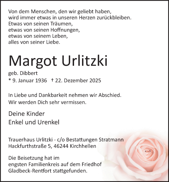 Traueranzeige von Margot Urlitzki von Tageszeitung