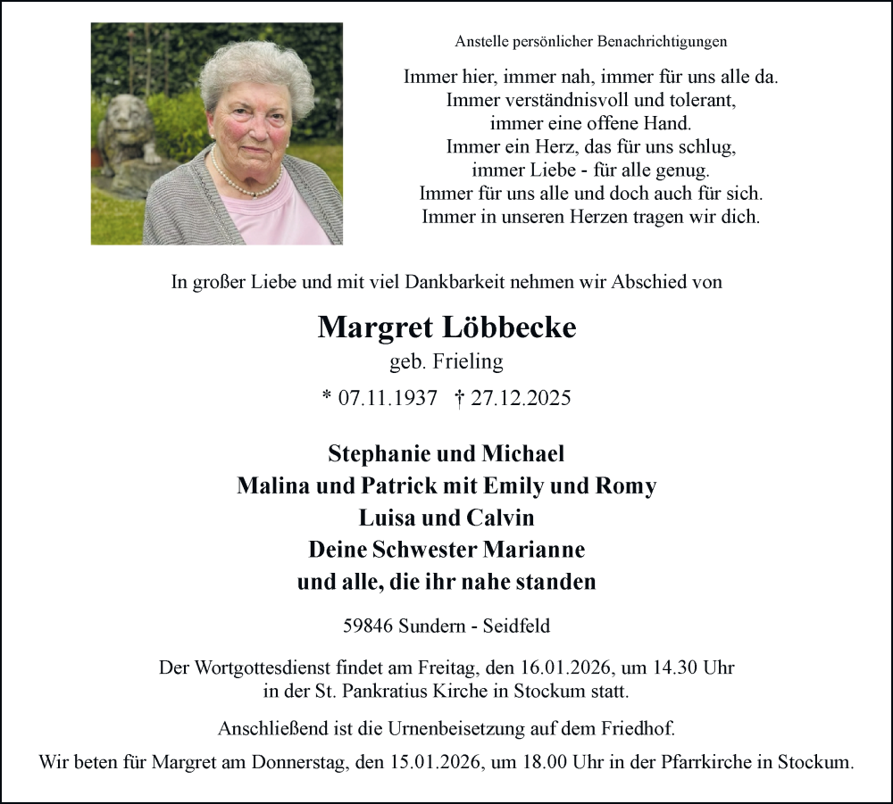  Traueranzeige für Margret Löbbecke vom 14.01.2026 aus Tageszeitung