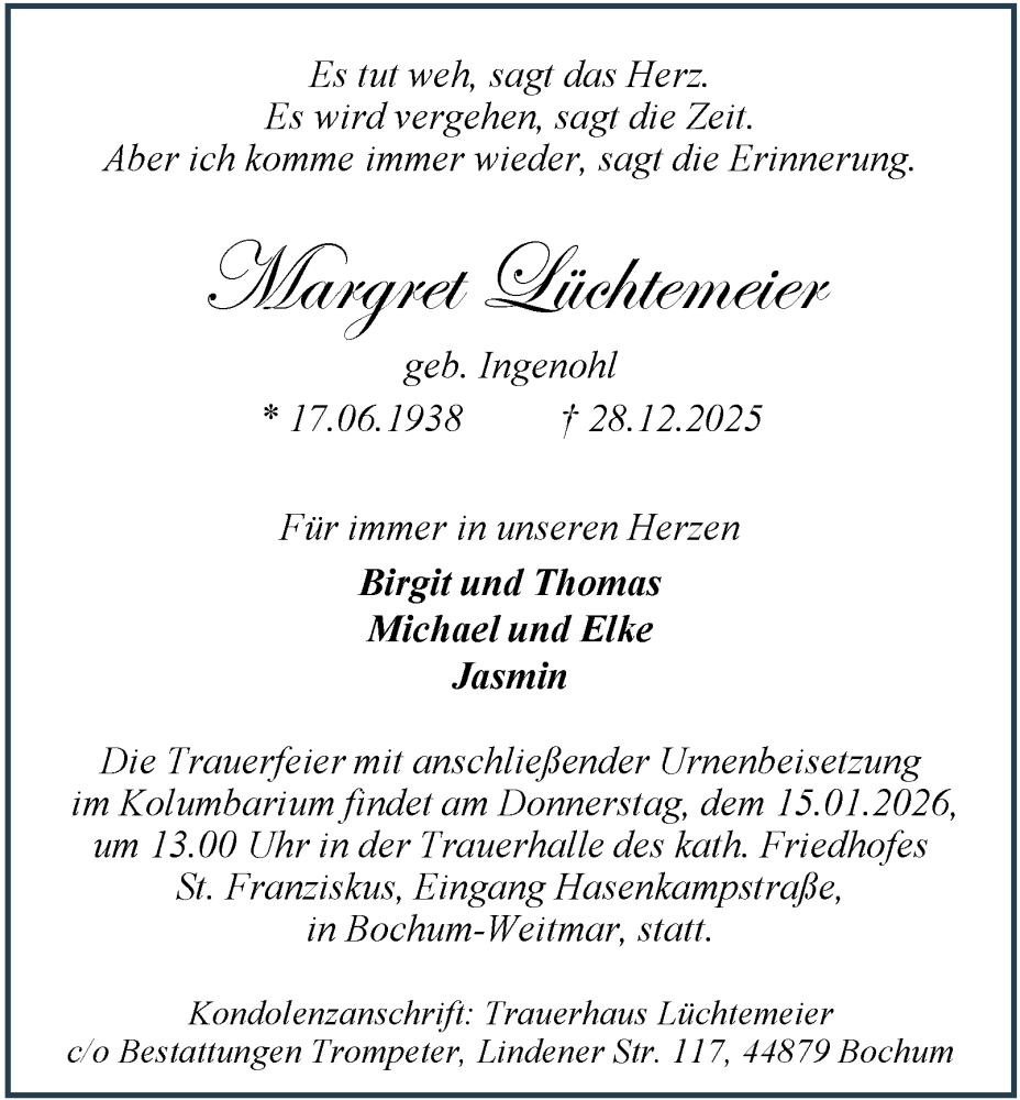  Traueranzeige für Margret Lüchtemeier vom 10.01.2026 aus Tageszeitung