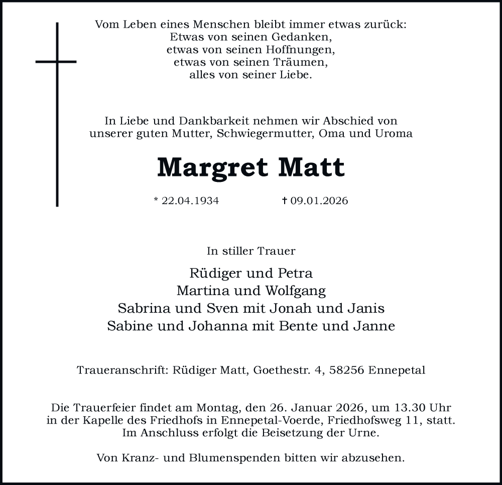  Traueranzeige für Margret Matt vom 17.01.2026 aus Tageszeitung