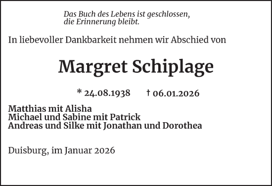 Traueranzeige von Margret Schiplage von Tageszeitung