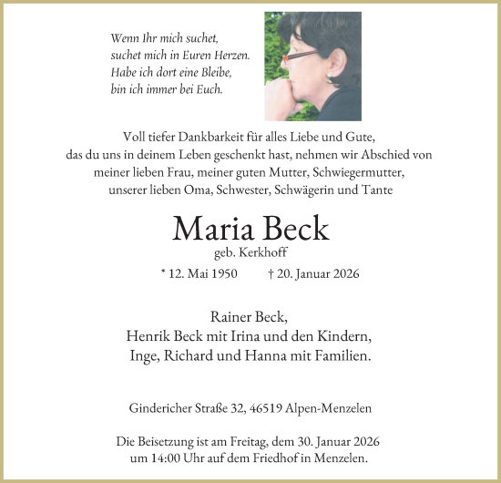Traueranzeige von Maria Beck von Tageszeitung