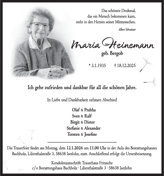 Traueranzeige von Maria Heinemann von Tageszeitung