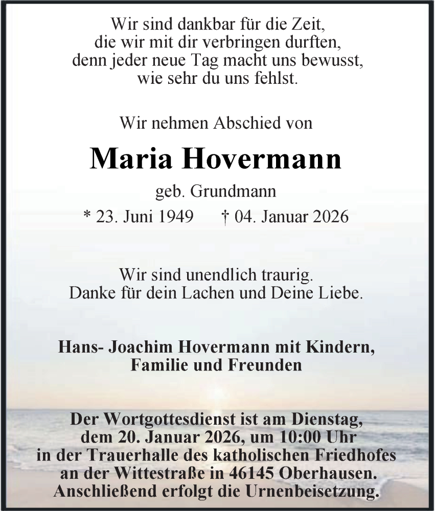  Traueranzeige für Maria Hovermann vom 17.01.2026 aus Tageszeitung