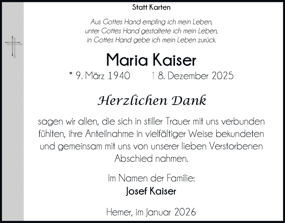  Traueranzeige für Maria Kaiser vom 24.01.2026 aus Tageszeitung