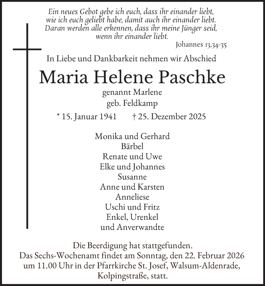  Traueranzeige für Maria Helene Paschke vom 03.01.2026 aus Tageszeitung
