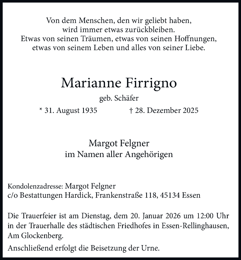  Traueranzeige für Marianne Firrigno vom 10.01.2026 aus Tageszeitung