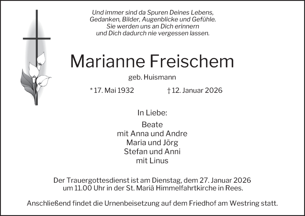 Traueranzeige für Marianne Freischem vom 17.01.2026 aus Tageszeitung