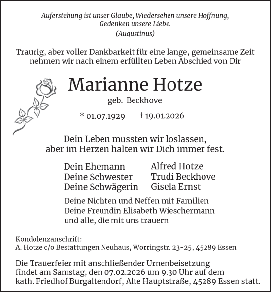 Traueranzeige von Marianne Hotze von Tageszeitung