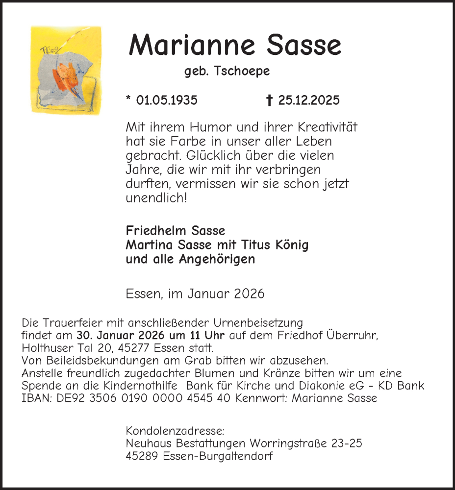  Traueranzeige für Marianne Sasse vom 28.01.2026 aus Tageszeitung