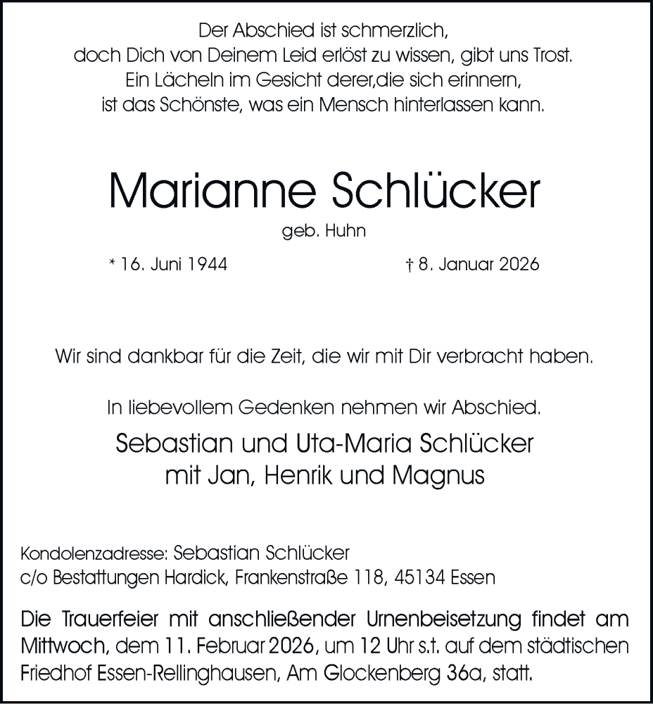  Traueranzeige für Marianne Schlücker vom 24.01.2026 aus Tageszeitung