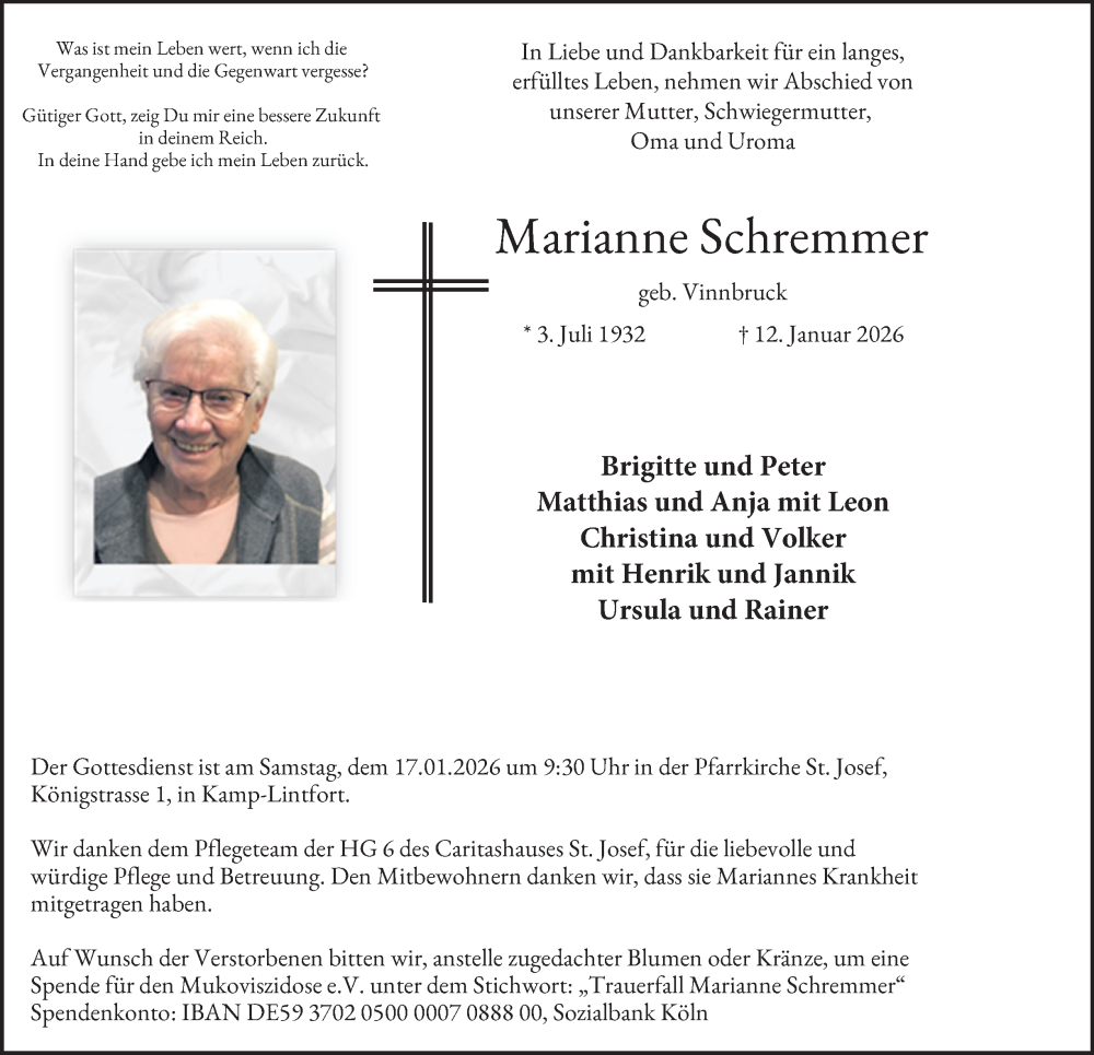  Traueranzeige für Marianne Schremmer vom 15.01.2026 aus Tageszeitung
