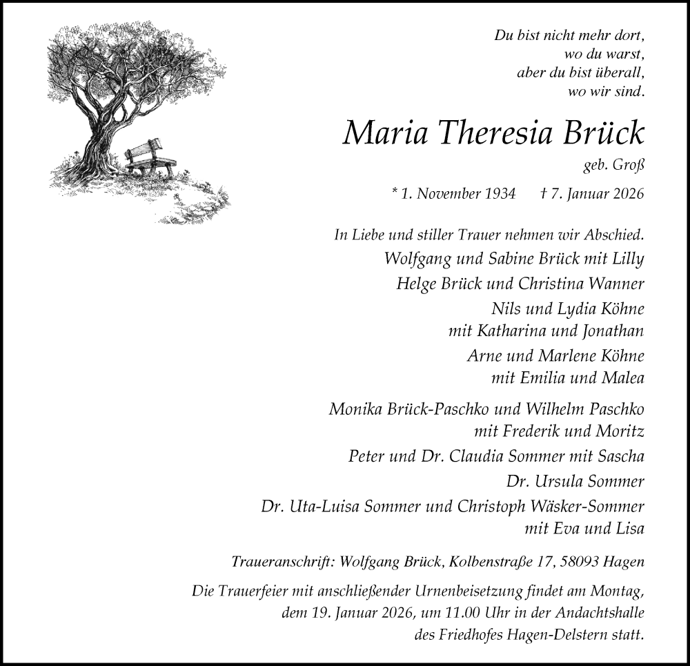  Traueranzeige für Maria Theresia Brück vom 17.01.2026 aus Tageszeitung