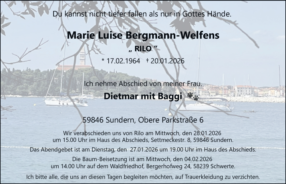  Traueranzeige für Marie Luise Bergmann-Welfens vom 27.01.2026 aus Tageszeitung