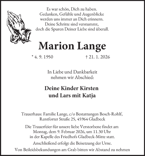 Traueranzeige von Marion Lange von Tageszeitung