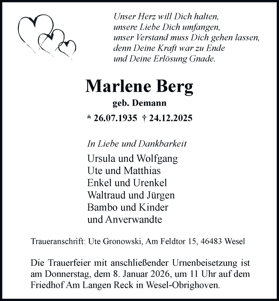  Traueranzeige für Marlene Berg vom 03.01.2026 aus Tageszeitung