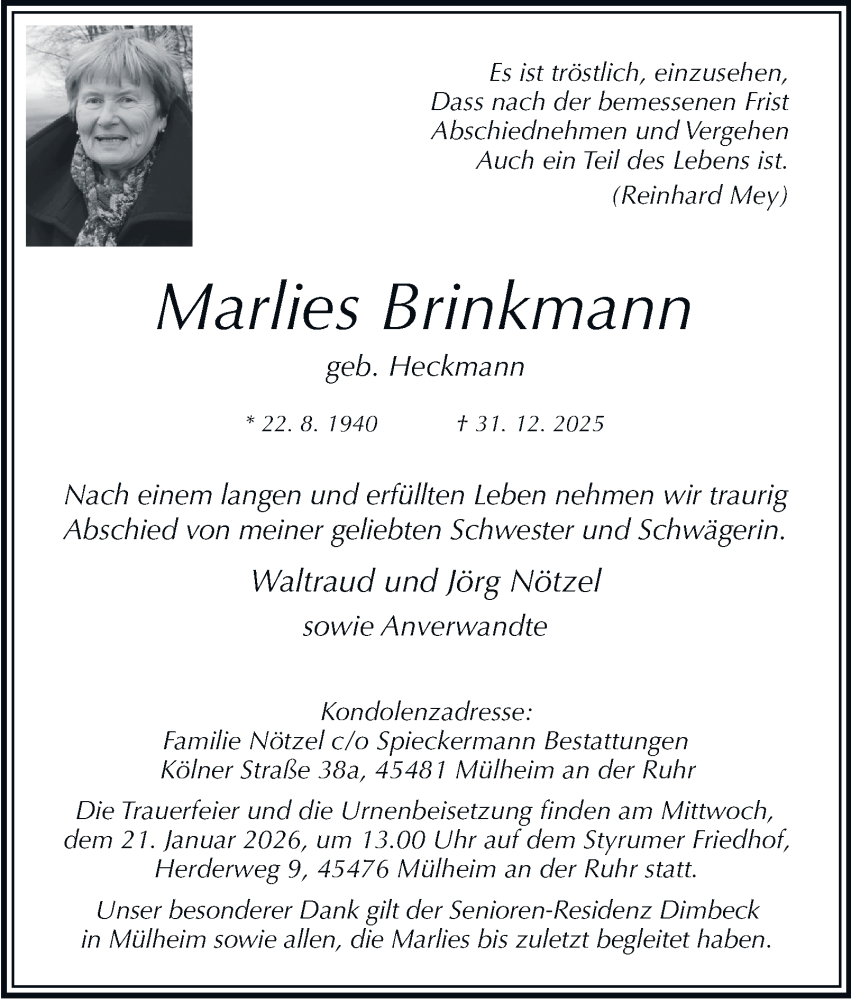  Traueranzeige für Marlies Brinkmann vom 17.01.2026 aus Tageszeitung