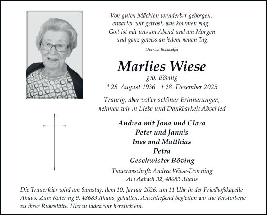 Traueranzeige von Marlies Wiese von Tageszeitung