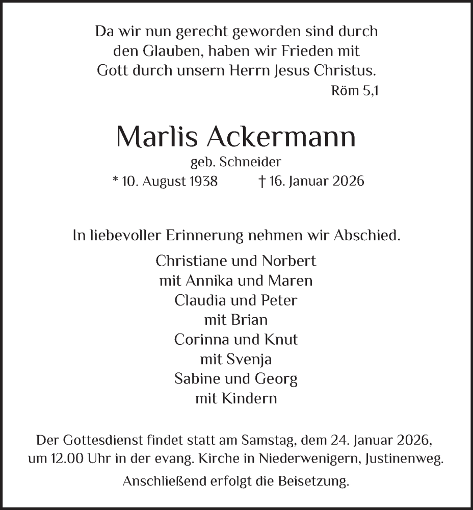  Traueranzeige für Marlis Ackermann vom 21.01.2026 aus Tageszeitung