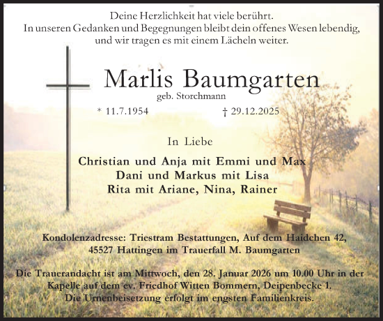 Traueranzeige von Marlis Baumgarten von Tageszeitung