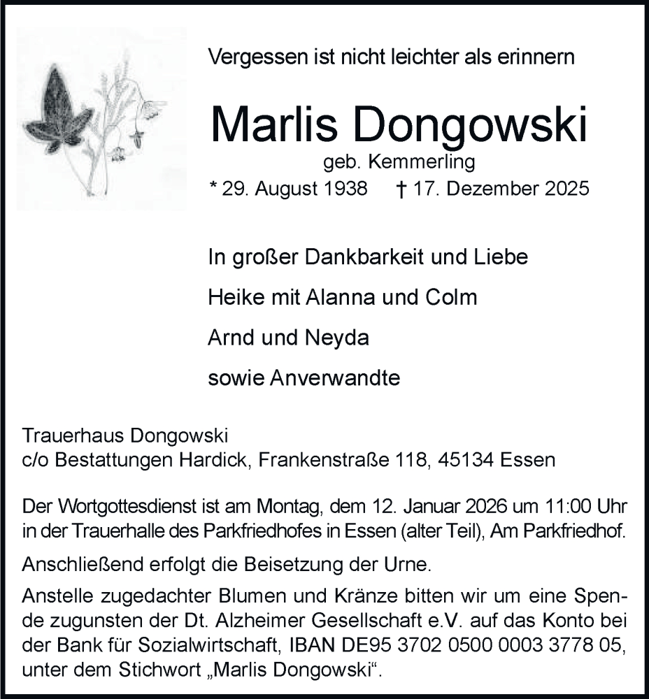  Traueranzeige für Marlis Dongowski vom 10.01.2026 aus Tageszeitung
