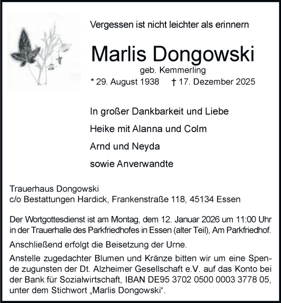Traueranzeige von Marlis Dongowski von Tageszeitung