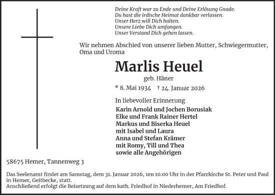 Traueranzeige von Marlis Heuel von Tageszeitung