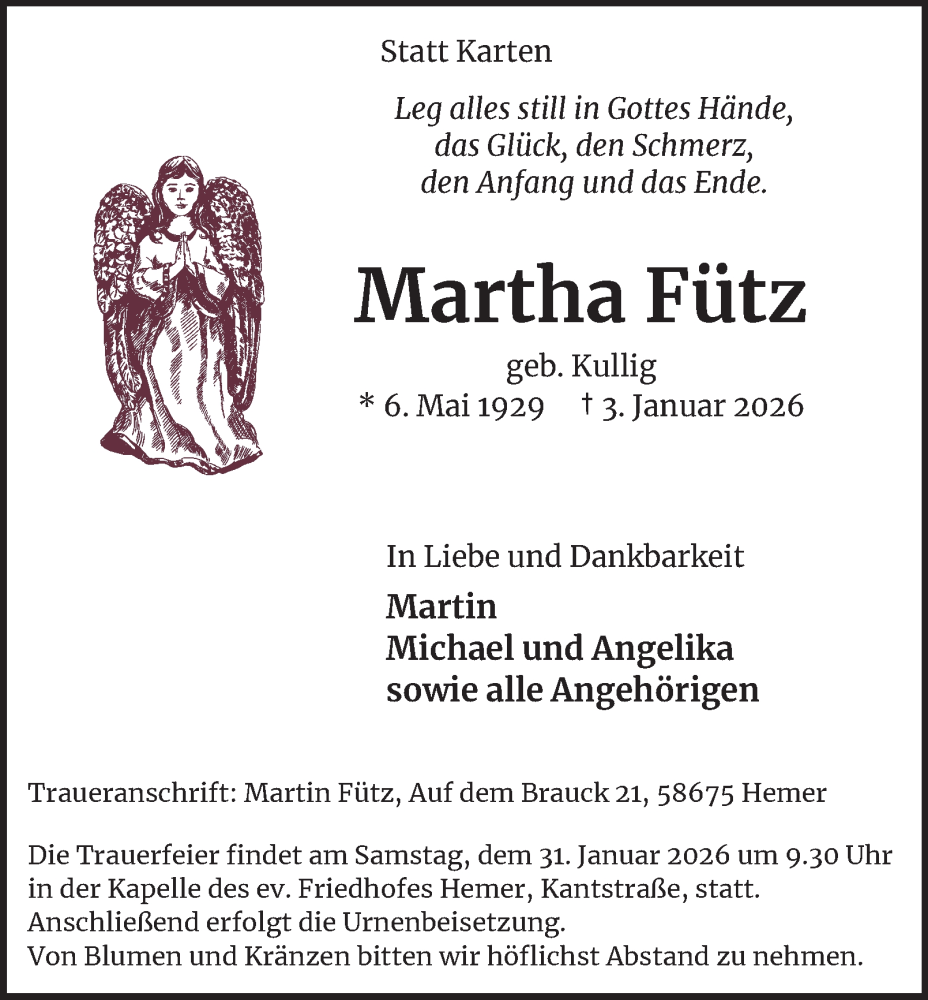  Traueranzeige für Martha Fütz vom 17.01.2026 aus Tageszeitung