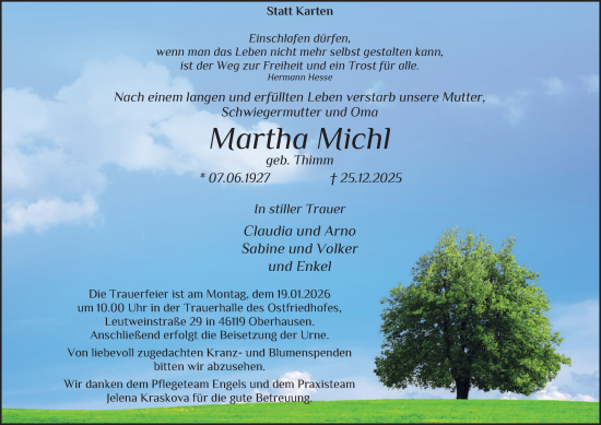 Traueranzeige von Martha Michl von Tageszeitung
