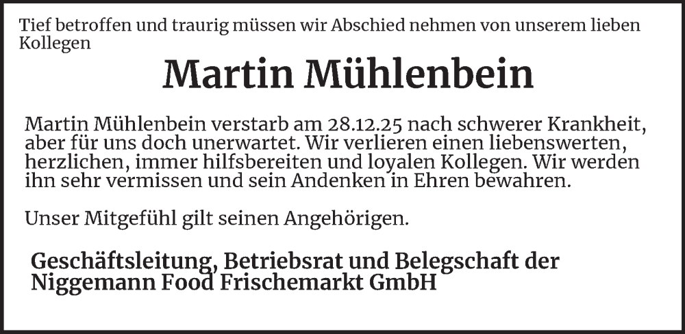  Traueranzeige für Martin Mühlenbein vom 07.01.2026 aus Tageszeitung