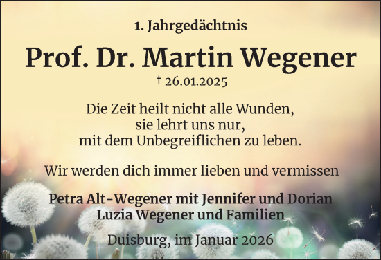 Traueranzeige von Martin Wegener von Tageszeitung