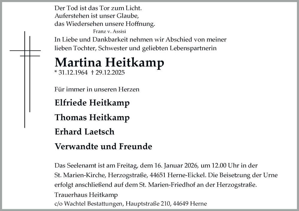  Traueranzeige für Martina Heitkamp vom 10.01.2026 aus Tageszeitung