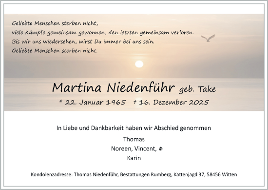 Traueranzeige von Martina Niedenführ von Tageszeitung