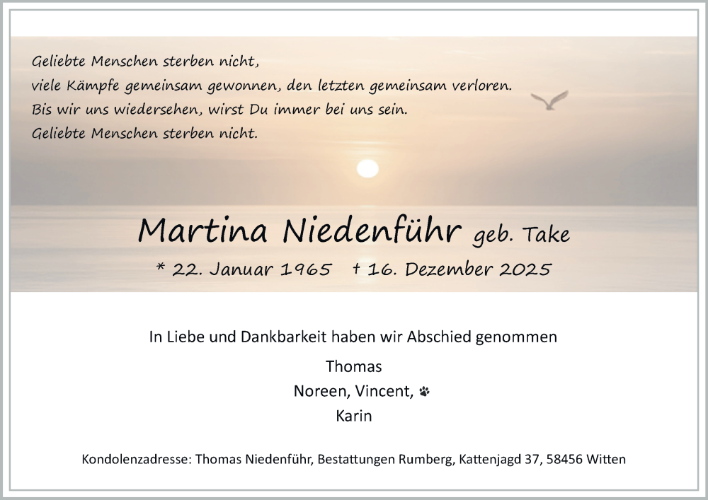  Traueranzeige für Martina Niedenführ vom 10.01.2026 aus Tageszeitung
