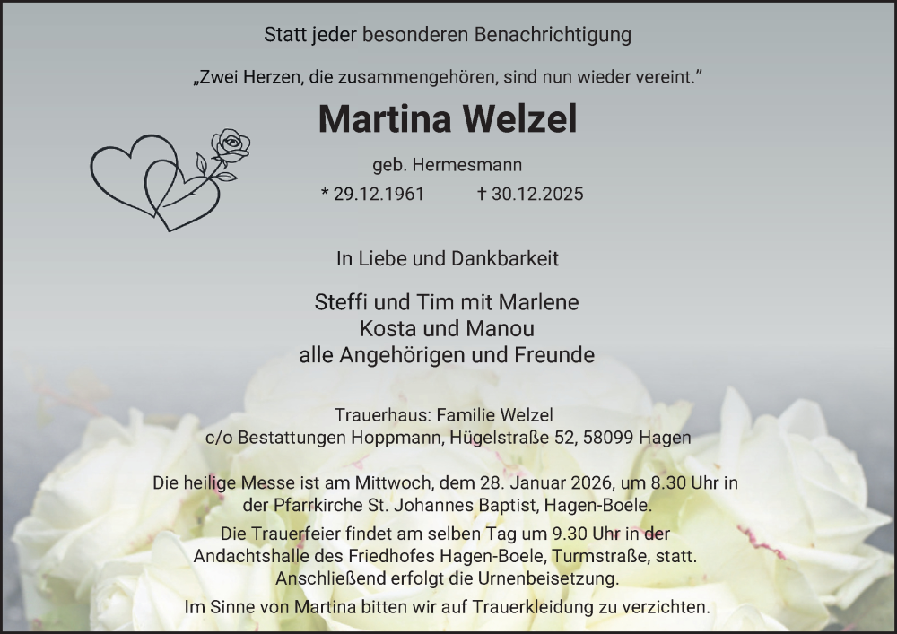  Traueranzeige für Martina Welzel vom 17.01.2026 aus Tageszeitung