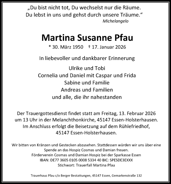 Traueranzeige von Martina Susanne Pfau von Tageszeitung