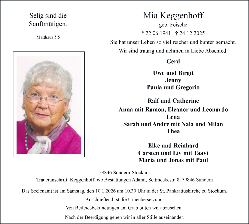  Traueranzeige für Mia Keggenhoff vom 03.01.2026 aus Tageszeitung