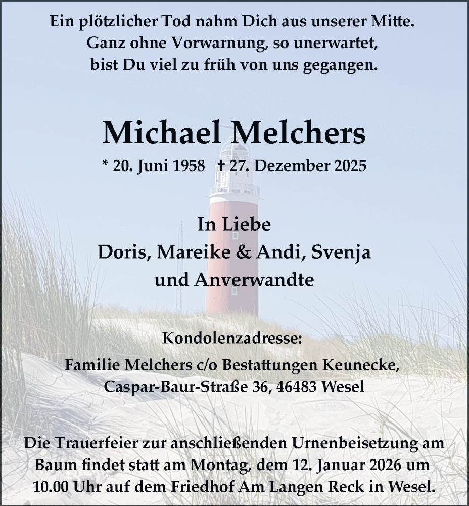  Traueranzeige für Michael Melchers vom 03.01.2026 aus Tageszeitung