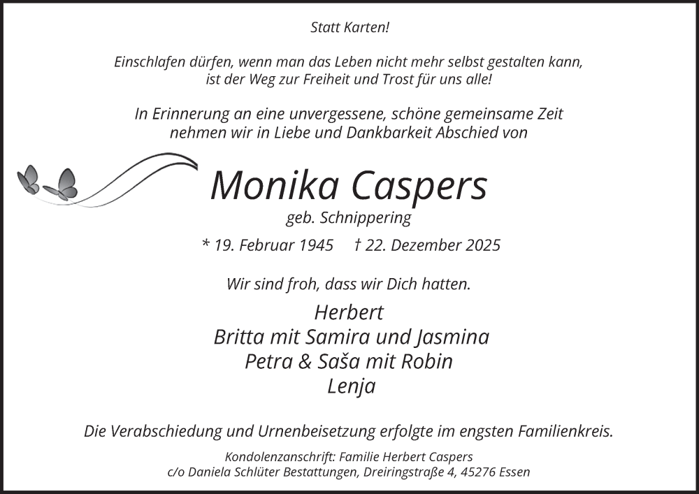  Traueranzeige für Monika Caspers vom 17.01.2026 aus Tageszeitung